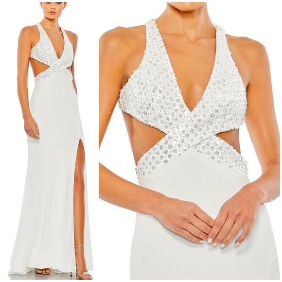 Mac Duggal NWT Floral Sequined Criss Cross Bodice Gown Size 10 White Cutout - Picture 2 of 8